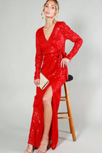 Red Long Sleeve Tie Waist Wrap Maxi Sequin Dress