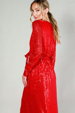 Red Long Sleeve Tie Waist Wrap Maxi Sequin Dress
