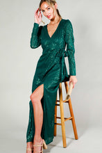 Hunter Green Long Sleeve Tie Waist Wrap Maxi Sequin Dress