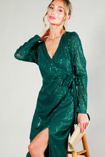 Hunter Green Long Sleeve Tie Waist Wrap Maxi Sequin Dress