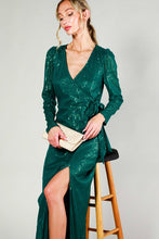 Hunter Green Long Sleeve Tie Waist Wrap Maxi Sequin Dress
