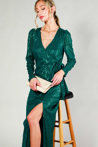 Hunter Green Long Sleeve Tie Waist Wrap Maxi Sequin Dress