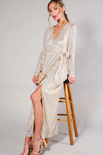 Taupe Long Sleeve Tie Waist Wrap Maxi Sequin Dress