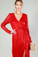 Red Long Sleeve Tie Waist Wrap Maxi Sequin Dress