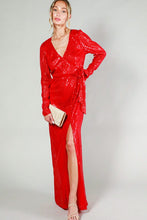 Red Long Sleeve Tie Waist Wrap Maxi Sequin Dress