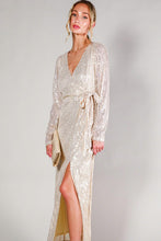 Taupe Long Sleeve Tie Waist Wrap Maxi Sequin Dress