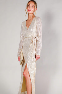 Taupe Long Sleeve Tie Waist Wrap Maxi Sequin Dress