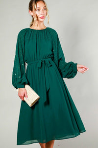 Hunter Green Sequin Detail Tie Waist Midi Dress