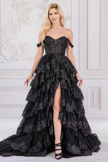 Black Off-Shoulder Embellished Mesh Corset Top Dress