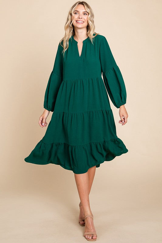 Green Tiered V Neck Long Sleeve Ruffle Hem Midi Dress Aquarius Brand Green Tiered V Neck Long Sleeve Ruffle Hem Midi Dress Aquarius Brand