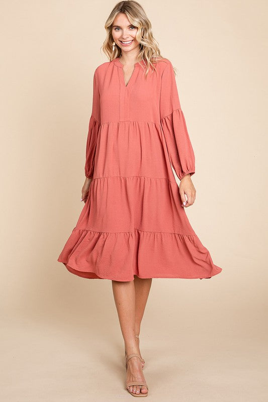 Rust Tiered V Neck Long Sleeve Ruffle Hem Midi Dress