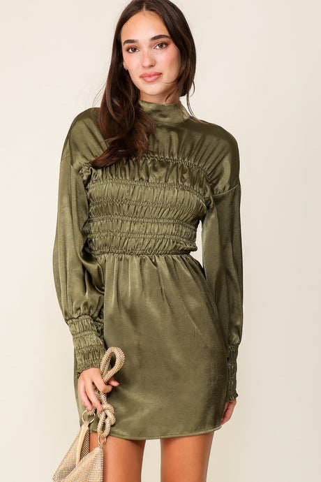 Dark Olive Smocking Detail Dress
