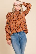 Camel Leopard Print Long Sleeve Cowl Neck Shirts Blouses