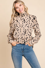 Sand Leopard Print Long Sleeve Cowl Neck Shirts Blouses