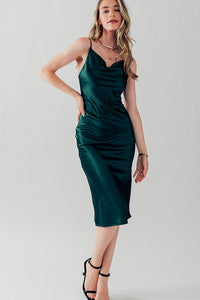 Emerald Satin Type Cowl Neck Cami Midi Dress