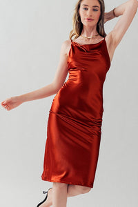 Rust Satin Type Cowl Neck Cami Midi Dress