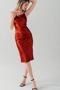 Rust Satin Type Cowl Neck Cami Midi Dress
