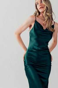 Emerald Satin Type Cowl Neck Cami Midi Dress