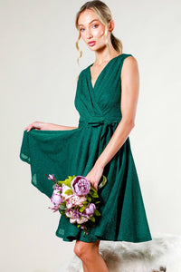 Teal V-Neck Sleeveless Tie Waist Metalic Mini Dress