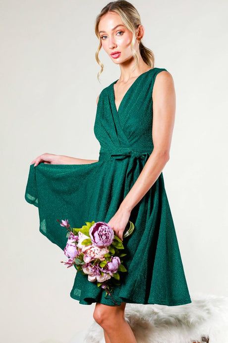 Teal V-Neck Sleeveless Tie Waist Metalic Mini Dress