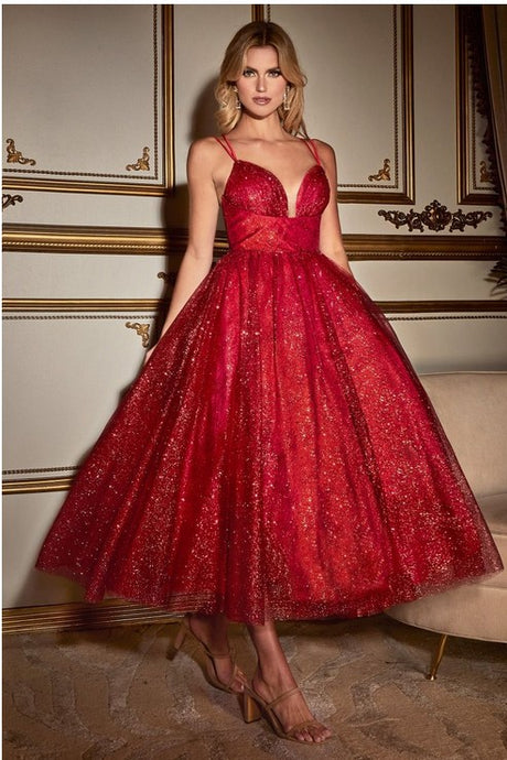 Red Glitter Flocked Tea Length Dress
