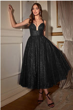 Black Glitter Flocked Tea Length Dress