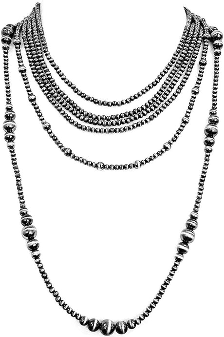 Burnish Silver Multi Strand Western Navajo Pearl Long Necklace