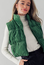 Green Stand Collar Cropped Corduroy Puffer Vest
