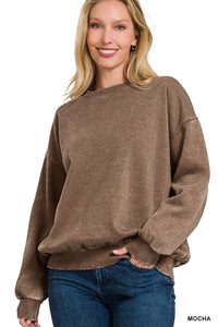 Mocha Acid Wash Fleece Oversized Pullover