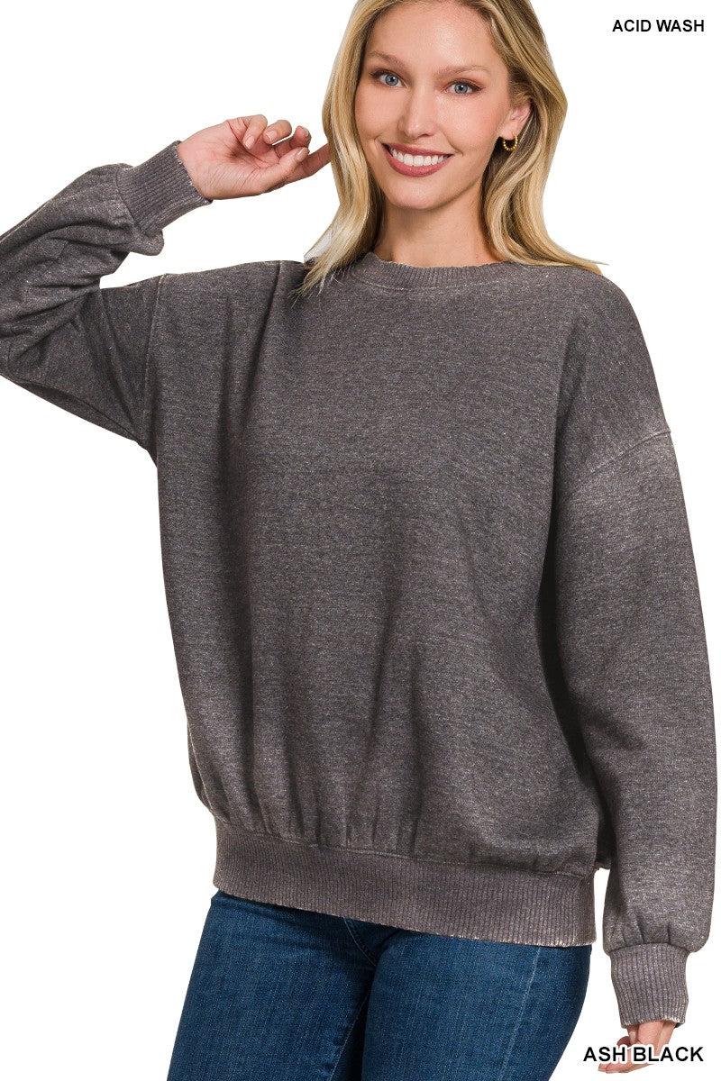 Ash Black Acid Wash Fleece Oversized Pullover