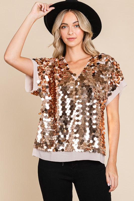Champagne Shine Bright Sequin-Adorned V Neck Top