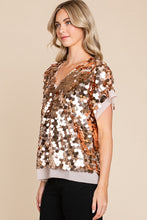 Champagne Shine Bright Sequin-Adorned V Neck Top