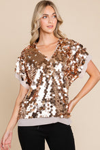 Champagne Shine Bright Sequin-Adorned V Neck Top