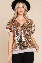 Champagne Shine Bright Sequin-Adorned V Neck Top