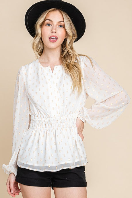 White Chiffon With Glittering Dot Waist Band Blouse