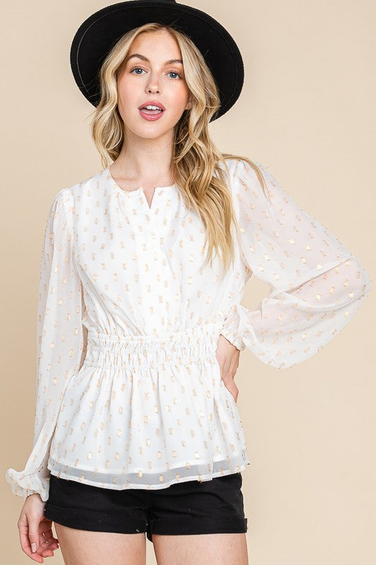 White Chiffon With Glittering Dot Waist Band Blouse