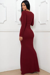Burgundy Rhinestone Trim Front Mermaid Maxi Dress