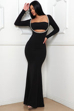 Black Rhinestone Trim Front Mermaid Maxi Dress