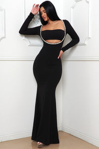 Black Rhinestone Trim Front Mermaid Maxi Dress