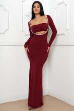 Burgundy Rhinestone Trim Front Mermaid Maxi Dress