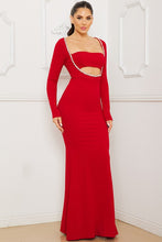 Red Rhinestone Trim Front Mermaid Maxi Dress