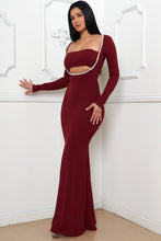 Burgundy Rhinestone Trim Front Mermaid Maxi Dress