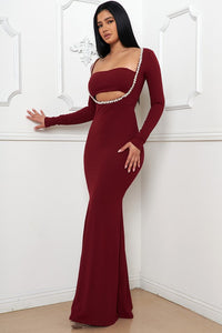 Burgundy Rhinestone Trim Front Mermaid Maxi Dress