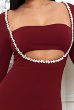 Burgundy Rhinestone Trim Front Mermaid Maxi Dress