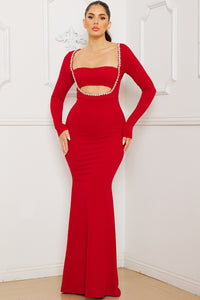 Red Rhinestone Trim Front Mermaid Maxi Dress