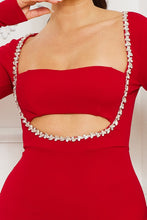 Red Rhinestone Trim Front Mermaid Maxi Dress