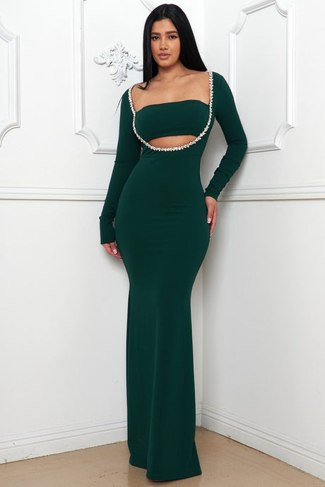 Hunter Green Rhinestone Trim Front Mermaid Maxi Dress