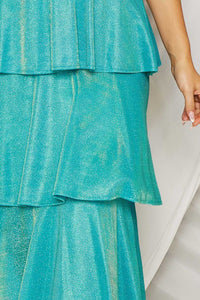 Aqua Blue Shimmer Metallic Layered Maxi Dress