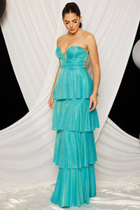 Aqua Blue Shimmer Metallic Layered Maxi Dress