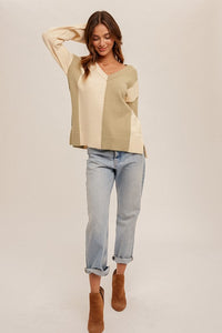 Color Block Relaxed V-Neck Sweater With Side Slit